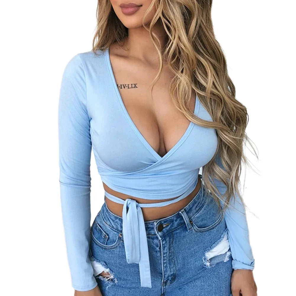 Fashion Women's Wrap Top Sexy Deep V Neck Knot Front Long Sleeve Basic Tee Strappy T shirt Tops Summer Casual Short Clothes