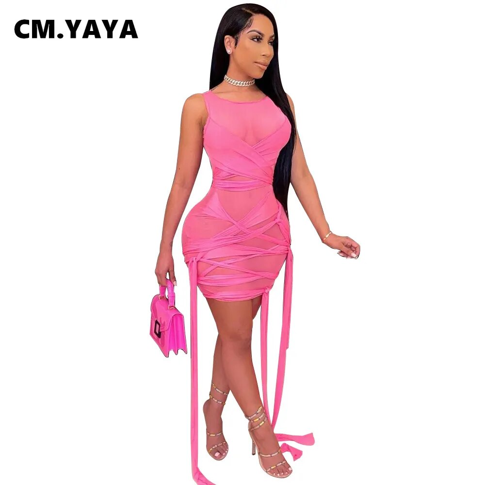 CM.YAYA Women's Mesh See Though Drawstring Lace Up Sleeveless Mini Dress
