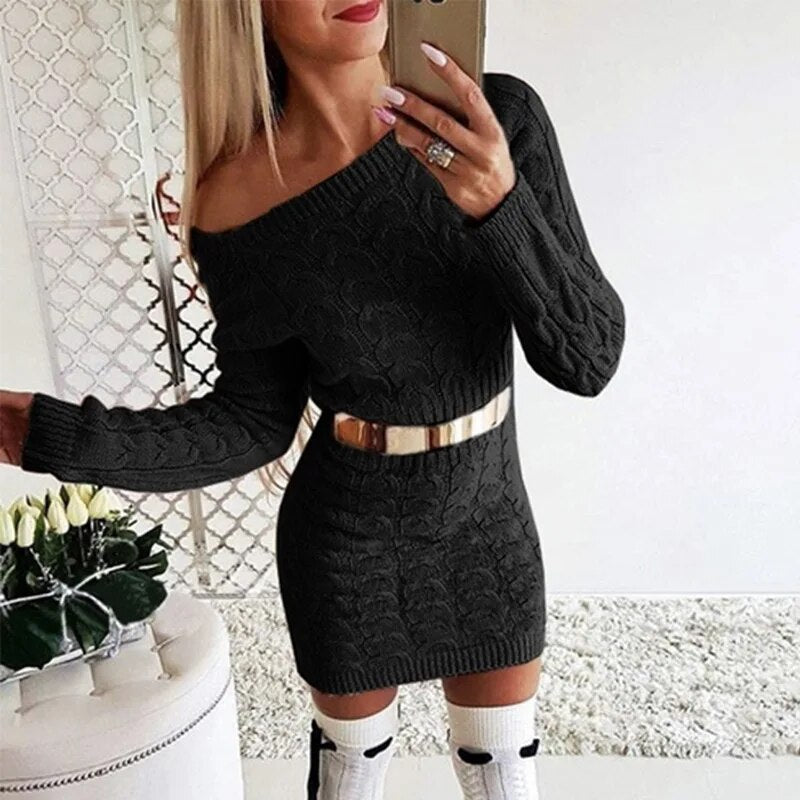Casual Slash Neck Mini Twisted Sweater Women Vintage Autumn Winter Long Sleeve Knitted Dress Female Bodycon Outwear Dresses