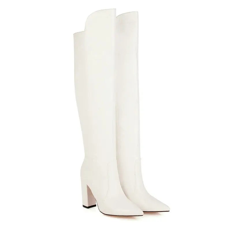 Black Brown Wine Red White Women Over the Knee Boots Patent PU Leather Women Winter Shoes Fashion Pointed Toe Square Heel Shoes