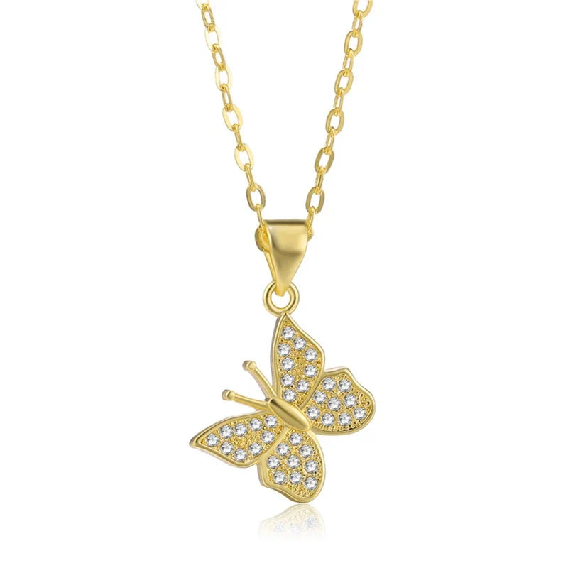 Juya 18K Real Gold Plated Micro Pave Zircon Butterfly Horse Bees Cat Leopard Pendant Necklace For Women Birthday Christmas Gift
