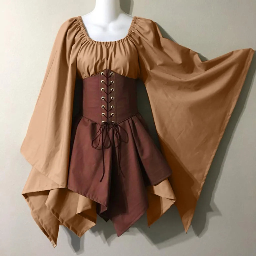 Halloween Women Witch Dress Medieval Cosplay Costumes Retro Gothic Party Dress Long Sleeve Corset Lace Up Slim Irregular Dress
