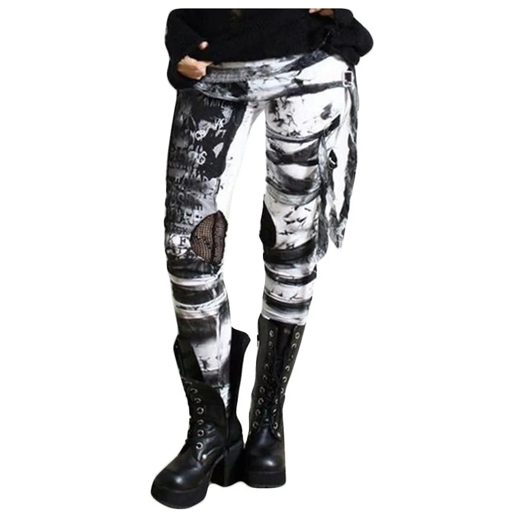Gothic Punk Leggings Women Tight Elastic Pants Leggins Mujer Hip Hop Rocker High Waist Distressed Legging Pantalones De Mujer