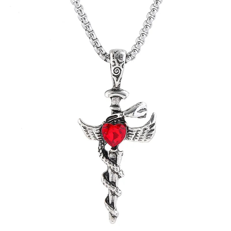 Personality Men's Women's Jewelry Vintage Cross Angel Wing Pendant Necklace  Long Stainless Steel Necklace Charms