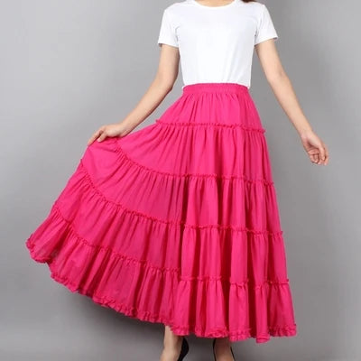 Boho Beach Midi Umbrella Long Skirts Summer Femininas Sundress Maxi Cotton Skirts Elastic Waist Pleated Spliced Patchwork Skirts