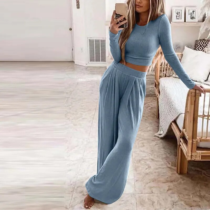 Autumn Women's Solid Knitted Casual Home Wear Slim Tops Two-Piece Wide Leg Pants Set Ladies Clothes Winter Fashion Commuter Suit