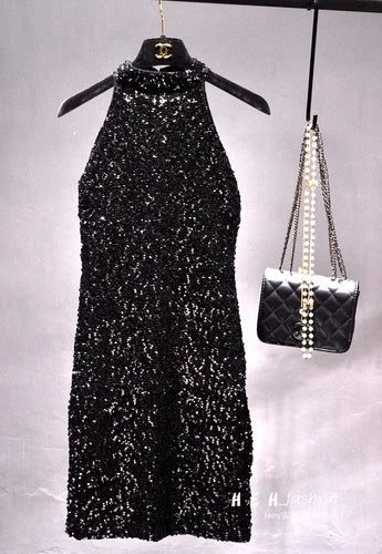 The New 2021 Sequins Glittering Collar Sundress Packet Buttock Sexy Cultivate One's Morality Show Thin Render Dress Sleeveless