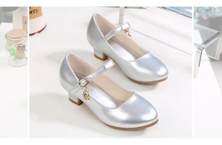 Children Girls Leather Shoes White Princess High Heel Shoes For Kids Girls Performance Dress Student Show Dance Sandals 26-41