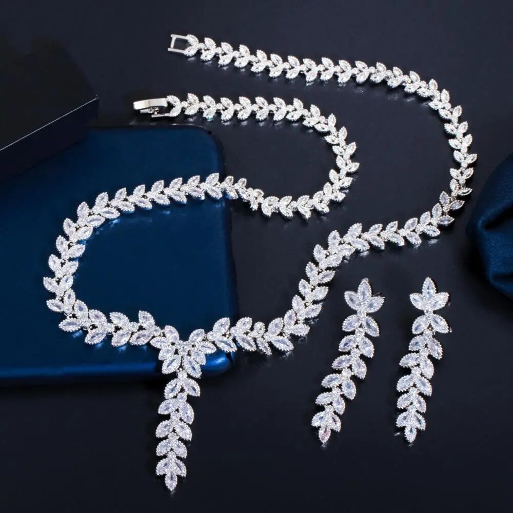 CWWZircons Leaf Shape Dangle Drop Earring and Necklace African Nigerian CZ Gold Color Wedding Jewelry Set for Brides T488