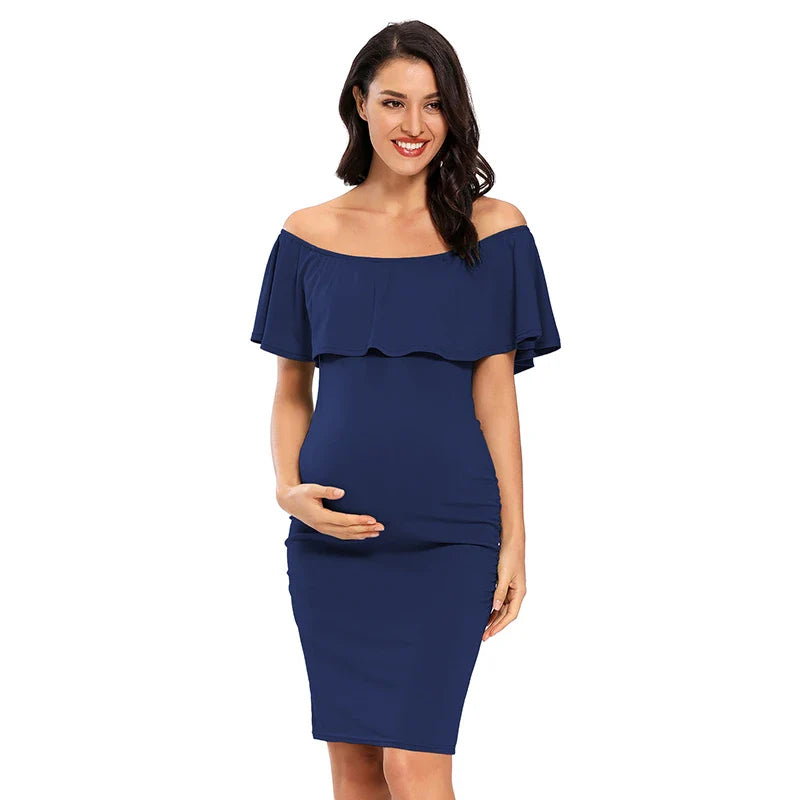 Liu&Qu Women's Maternity Dress Off Shoulder Ruffle Sleeveless Bodycon Dress Elegant Ruched Sides Bodycon Dresses for Baby Shower