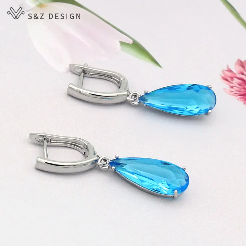 S&Z 10 Color Long Water Drop Cubic Zirconia Earring For Women Korean Fine Wedding Simple Fashion Party Jewelry