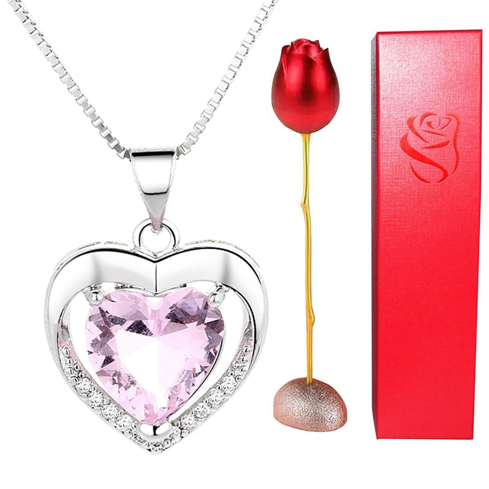 Rose Holder Eternal Love Necklace Set Romantic Rhombus Zircon Pendant With Immortal Valentines' Day Gifts