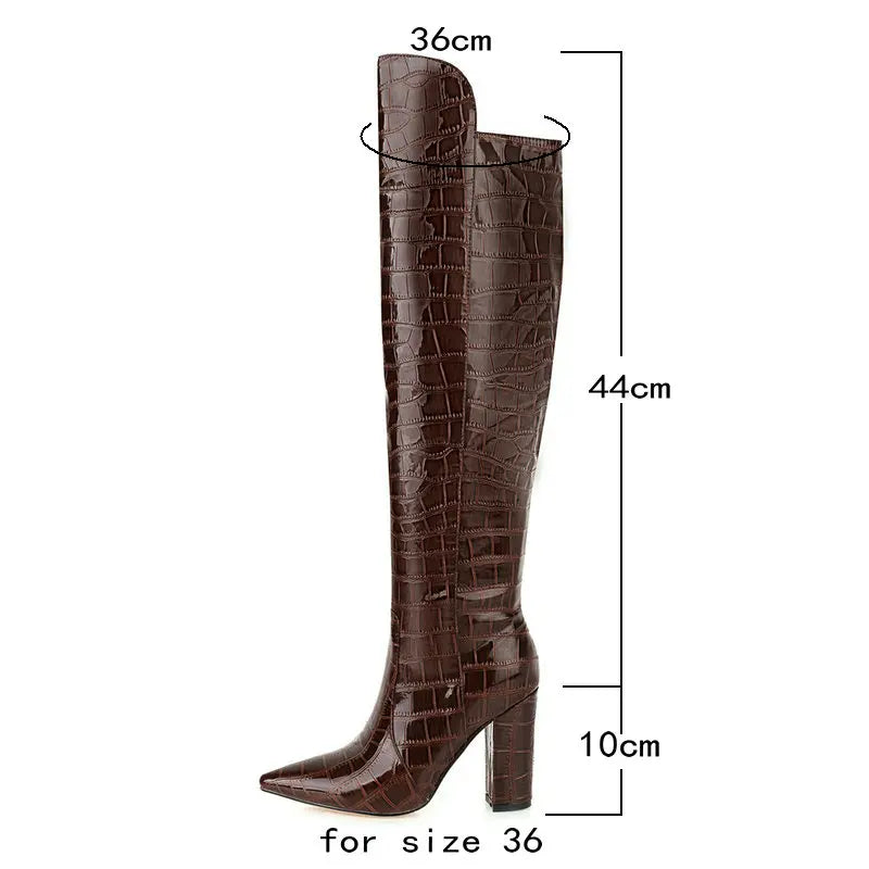 Black Brown Wine Red White Women Over the Knee Boots Patent PU Leather Women Winter Shoes Fashion Pointed Toe Square Heel Shoes
