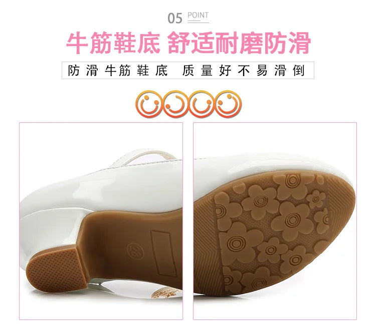 Children Girls Leather Shoes White Princess High Heel Shoes For Kids Girls Performance Dress Student Show Dance Sandals 26-41