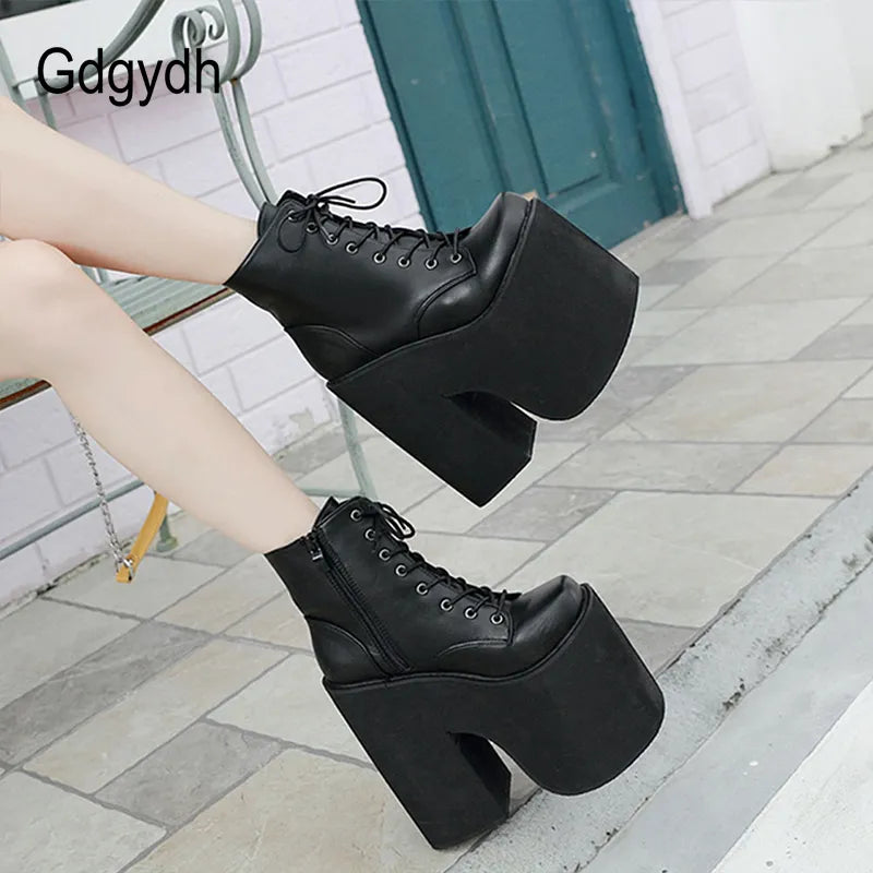 Gdgydh Height 17cm Chunky Heel Motorcycle Boots Women Platform Ankle Boots Punk Cosplay Thick Sole Goth Shoes Big Size 43