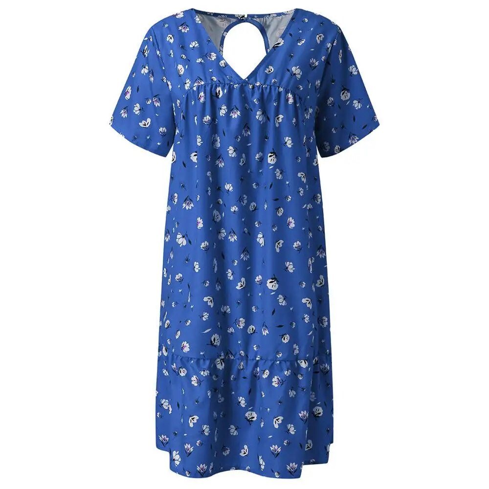 Duzeala Women Knee-Length Sundress Slim Summer Floral Printing Chiffon Dress Fanshion Loose V Neck Gradient Print Elastic Dress