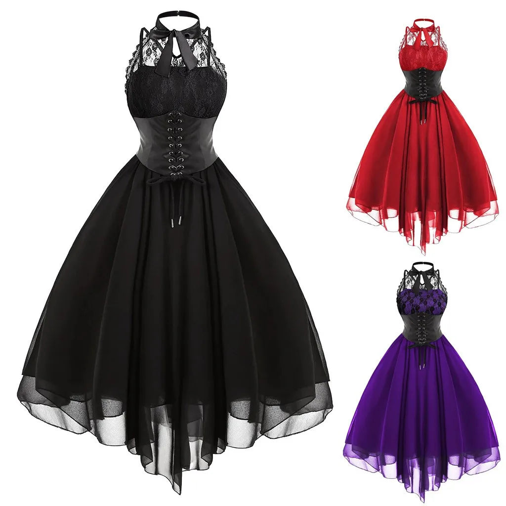 Women Dark Gothic Party Dresses Plus Size Lace Chiffon Patchwork Sleeveless Long Dress Women Elegant Halterneck Punk Dresses