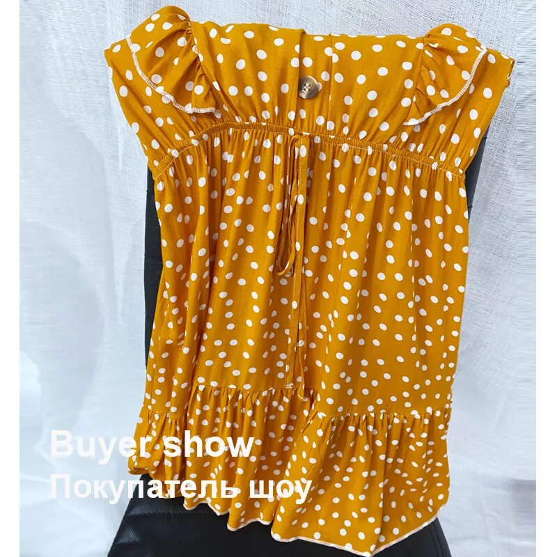 Julypalette Yellow V-neck Ruffles Women's Dress Bohemian Summer Sleeveless Dot Printed Beach Sundress Lace up Female vestidos