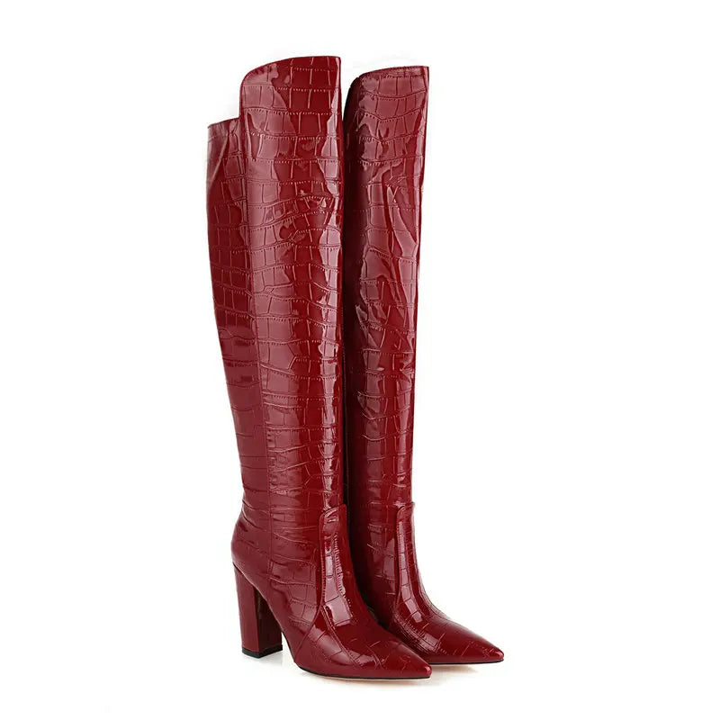 Black Brown Wine Red White Women Over the Knee Boots Patent PU Leather Women Winter Shoes Fashion Pointed Toe Square Heel Shoes