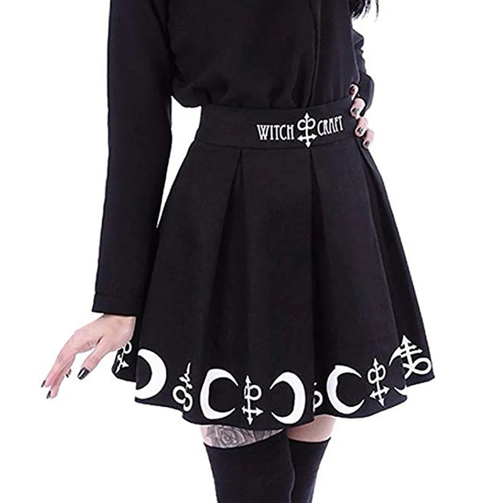 Goth Skirts Women 2022 Gothic Punk Pleated Mini Skirt Rock Girls Witchcraft Moon Magic Spell Symbols Skirt jupe юбка