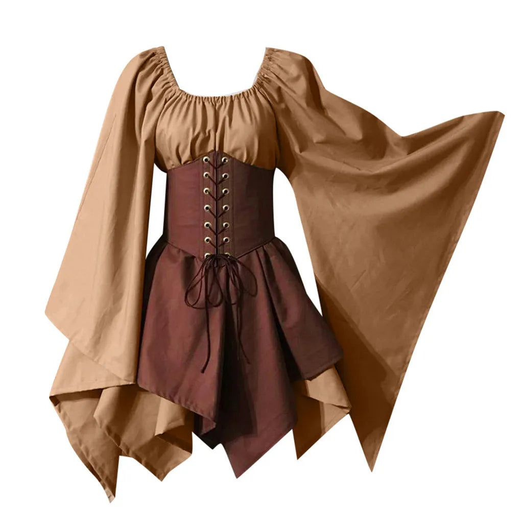 Halloween Women Witch Dress Medieval Cosplay Costumes Retro Gothic Party Dress Long Sleeve Corset Lace Up Slim Irregular Dress