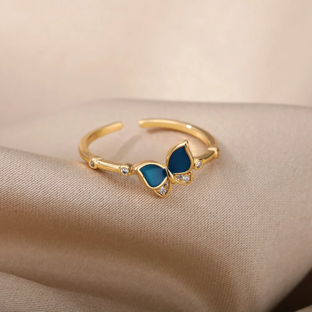 Butterfly Rings for Women Shiny Crystal Zirconia Bohemian Vintage Blue Enamel  Finger Ring Fashion Party Jewelry Gift Mujer