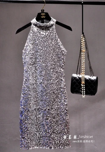 The New 2021 Sequins Glittering Collar Sundress Packet Buttock Sexy Cultivate One's Morality Show Thin Render Dress Sleeveless