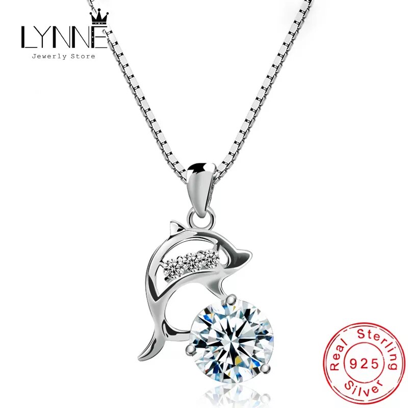 New Fashion Jewelry 925 Sterling Silver Round CZ Dolphin Pendant Necklaces Fine Zircon Charm Clavicle Chain Women Birthday Gift