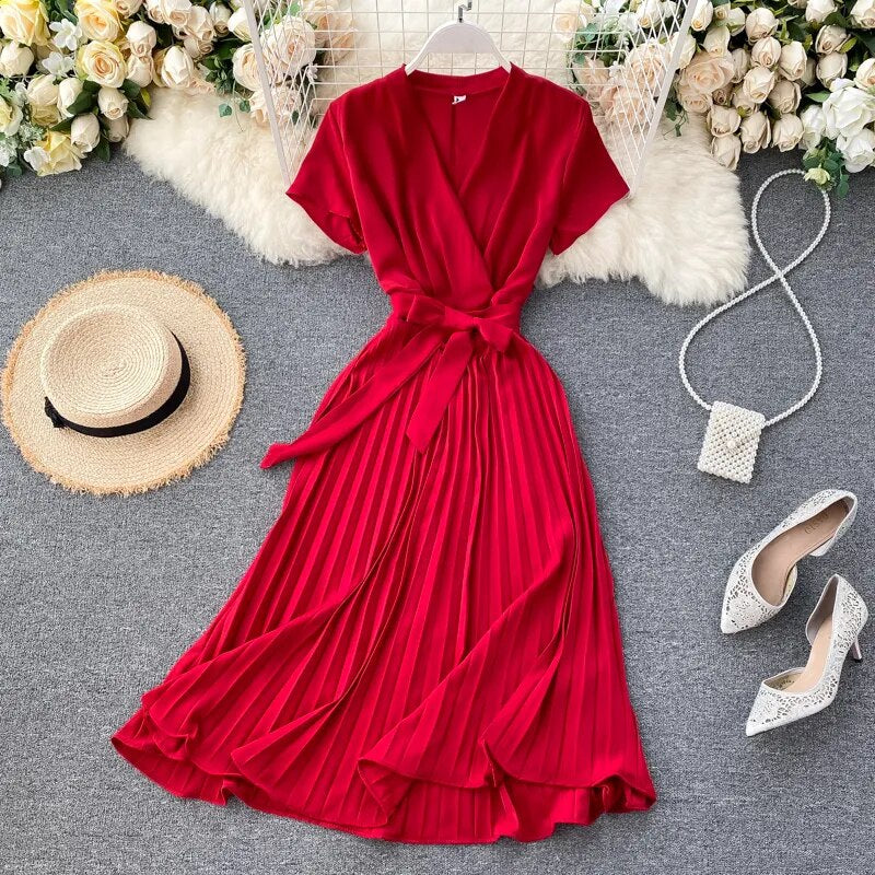 Vintage Slim v neck bandage pleated Dress Summer midi long elegant dress vestido de festa Women tunic Dresses