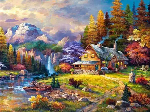 Huacan Diamond Embroidery Landscape Handmade Diamond Painting Village Needlework Mosaic Cross Stitch Home Decor