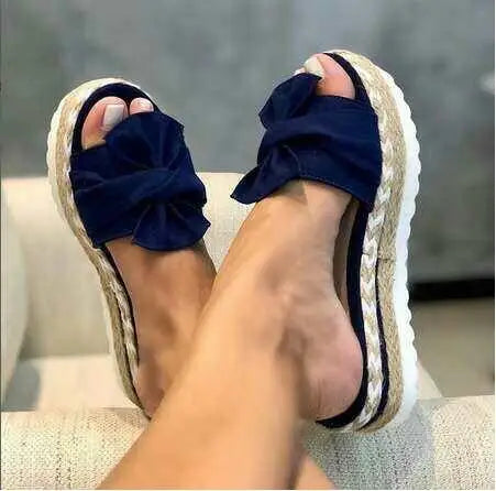 Slippers Women Slides Bow Summer Sandals Bow-Knot Slippers Thick Soles Flat Platform Female Floral Beach Shoes Flip Flop