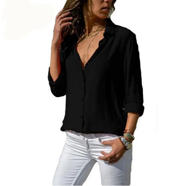 2024 New Women's Clothes Ladies Long Sleeve Deep V-Collar Chiffon Shirt and Tops Casual Women Button Office Shirts Plus Size