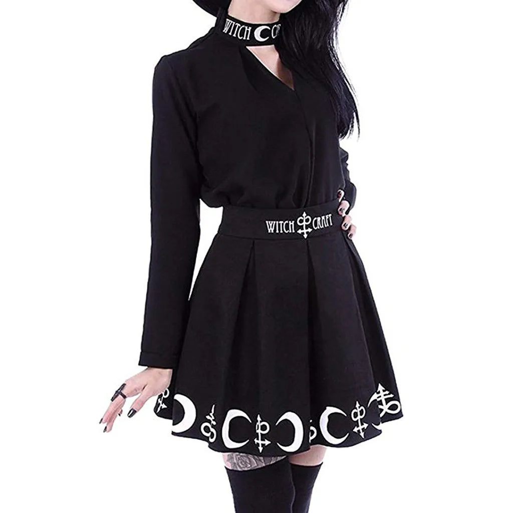 Goth Skirts Women 2022 Gothic Punk Pleated Mini Skirt Rock Girls Witchcraft Moon Magic Spell Symbols Skirt jupe юбка