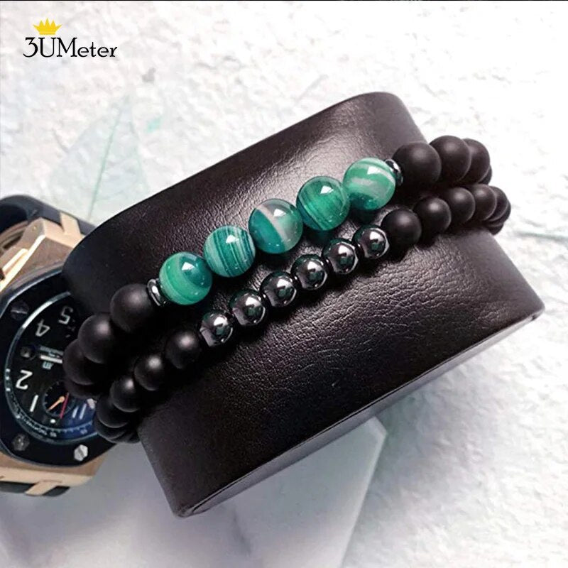 2PCS Natural Striped Agates Matte Black Onyx Beaded Bracelet for Women Men Natural Stone Hematite Bracelet Jewelry Pulseras