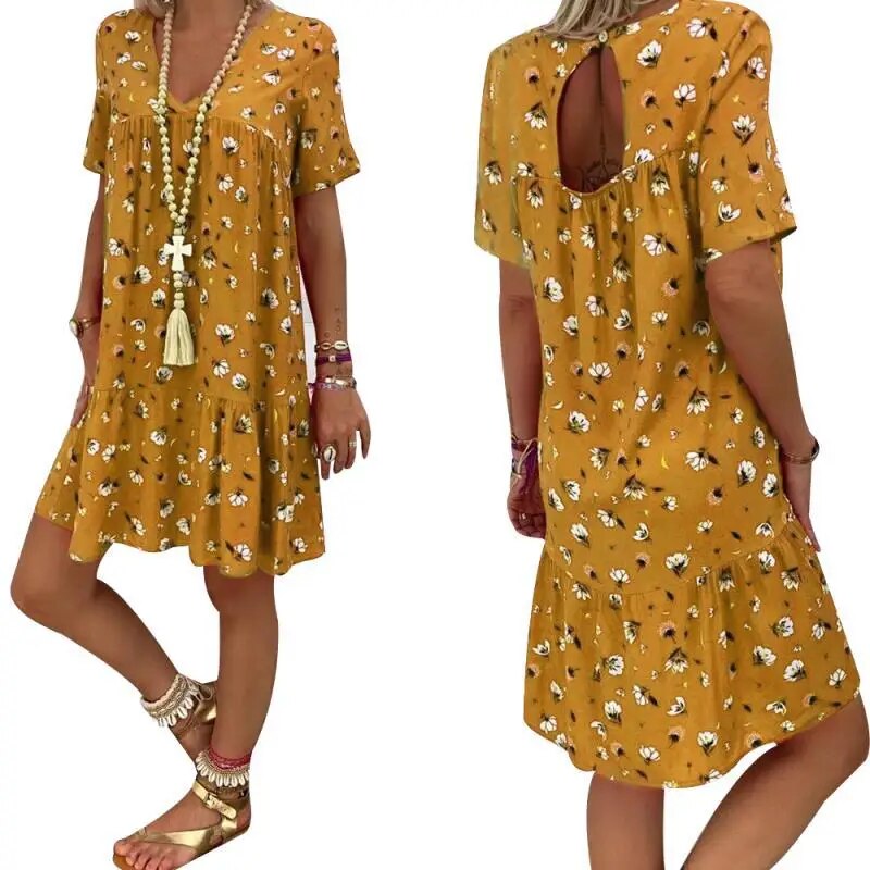 Duzeala Women Knee-Length Sundress Slim Summer Floral Printing Chiffon Dress Fanshion Loose V Neck Gradient Print Elastic Dress