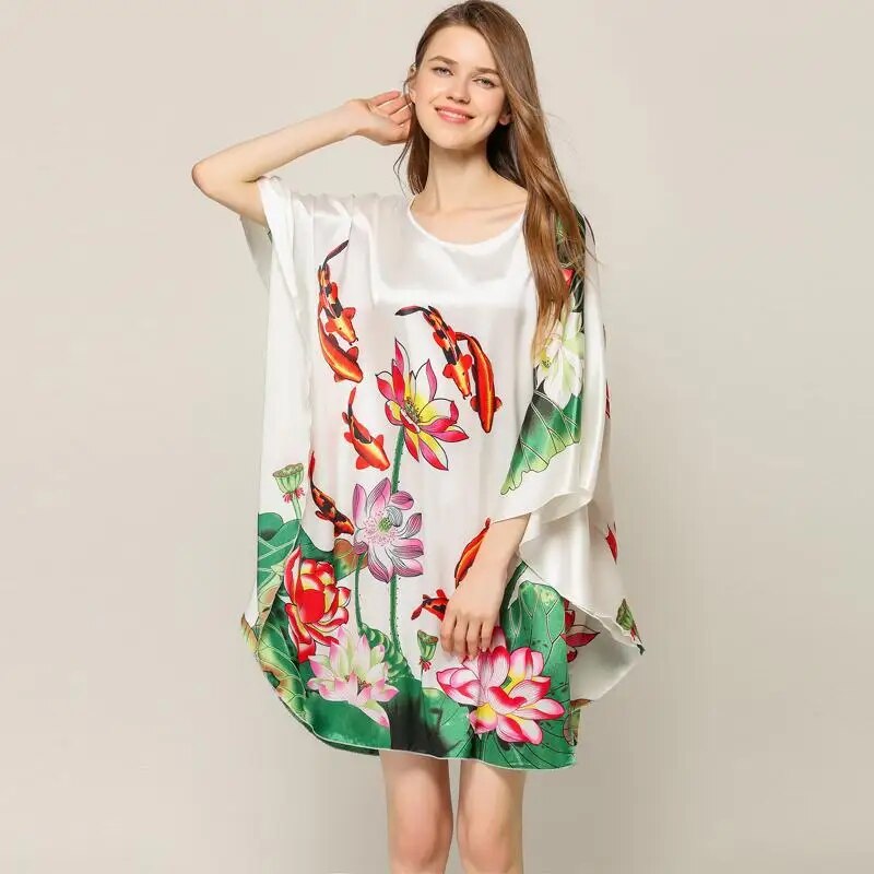 Summer Women Nightgown Print Sleepwear Night Bath Dress Gown Satin Sleep Shirt Sexy Nightshirt Home Clothes Intimate Lingerie