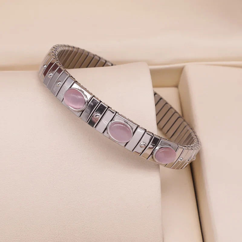 Hapiship New Women's Jewelry 9mm Width Stainless Steel Pink Opals Elastic Fashion Bracelet For Women Men Jewelry MY028