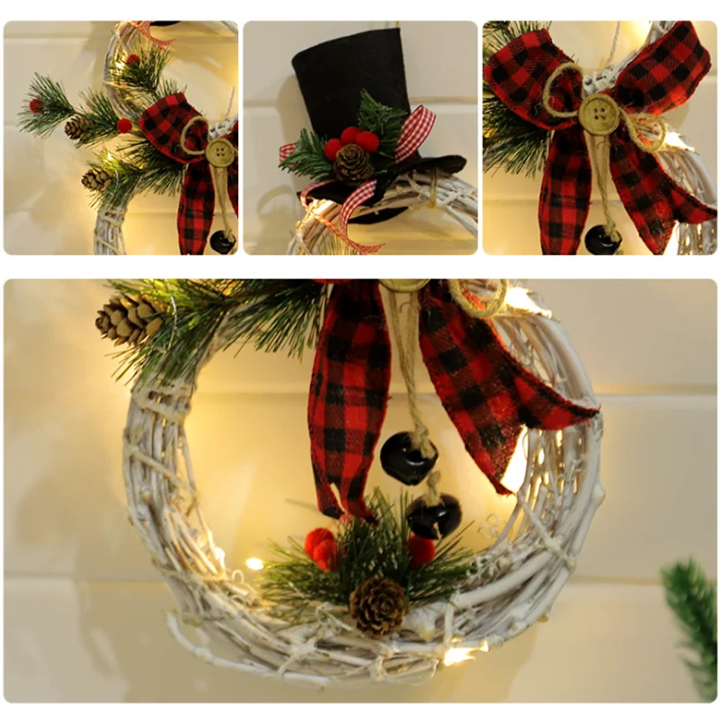 Christmas Lighted Snowman Wreath Garland Door Lamp Decoration Artificial Home Window Wall Background Door Hanging Ornaments