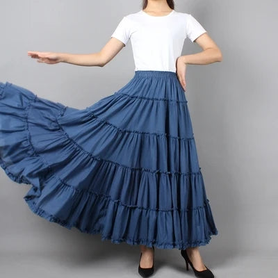Boho Beach Midi Umbrella Long Skirts Summer Femininas Sundress Maxi Cotton Skirts Elastic Waist Pleated Spliced Patchwork Skirts