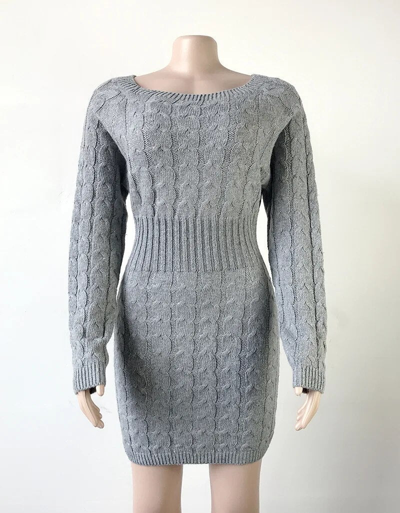 Casual Slash Neck Mini Twisted Sweater Women Vintage Autumn Winter Long Sleeve Knitted Dress Female Bodycon Outwear Dresses