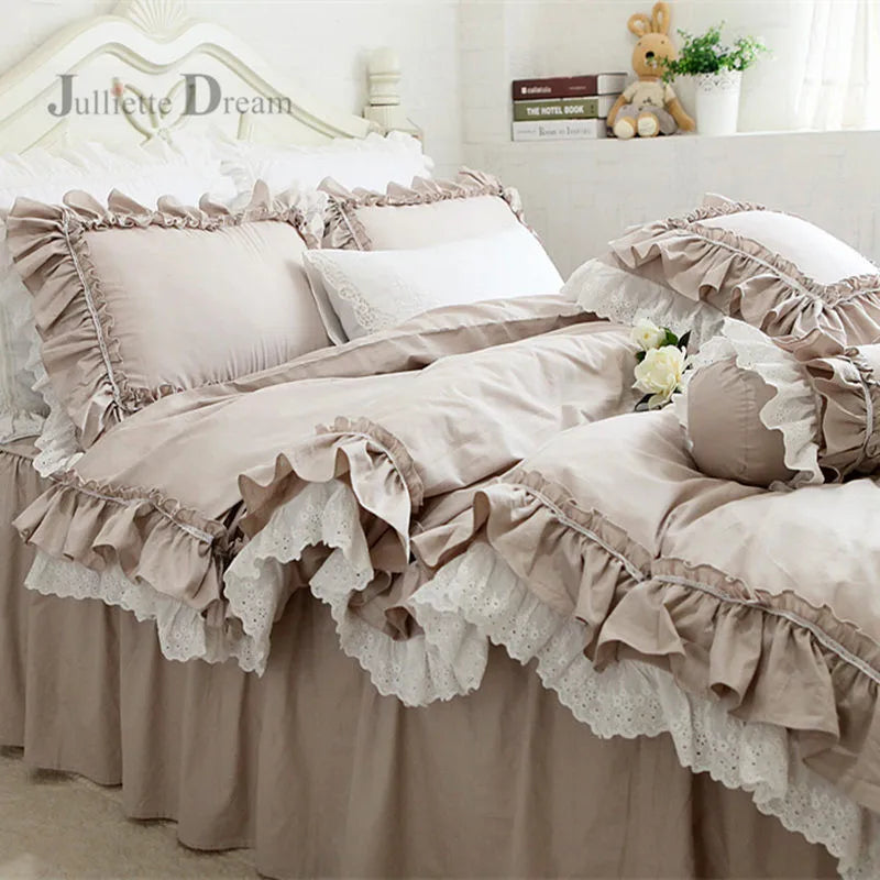 Top Luxury European Khaki bedding set ruffle lace duvet cover bedding elegant bedspread bed sheet for wedding decor bed clothes