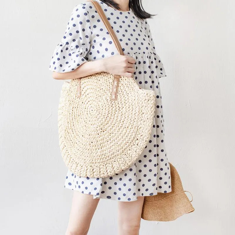 Round Straw Beach Bag Vintage Handmade Woven Shoulder Bag Raffia circle Rattan bags Bohemian Summer Vacation Casual Bags