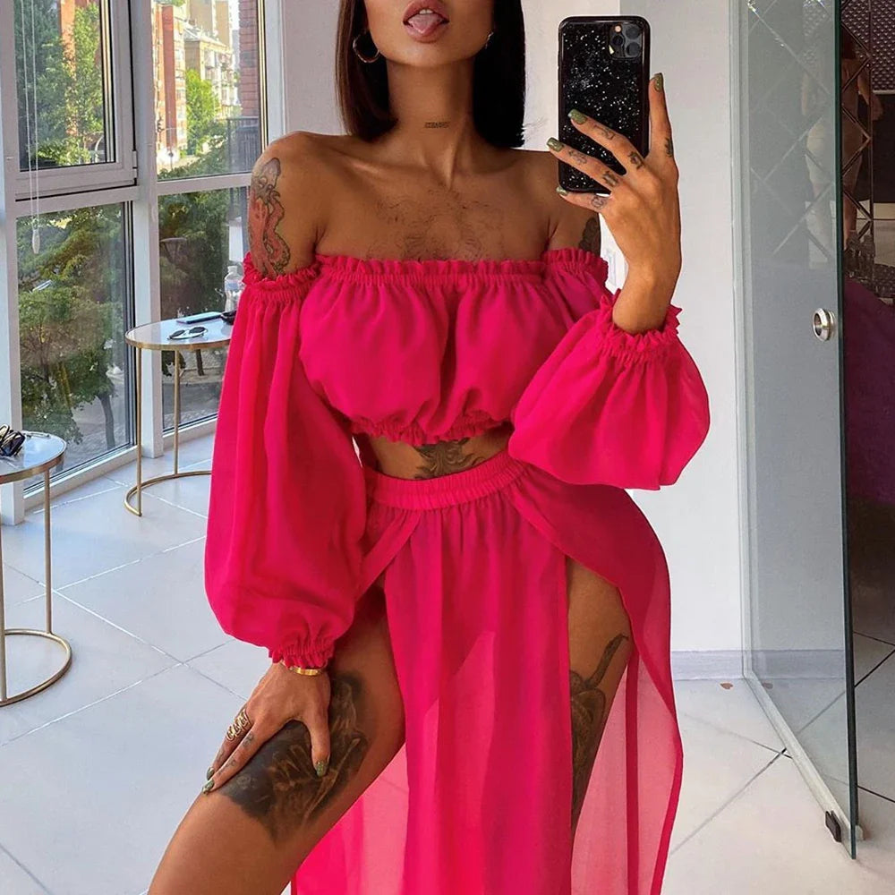 8 Colors Sexy Summer Women's Clothes Sets Solid Color Off Shoulder Long Sleeve Tops Cover Up Skirt 2pcs Suit Holiday Beachear