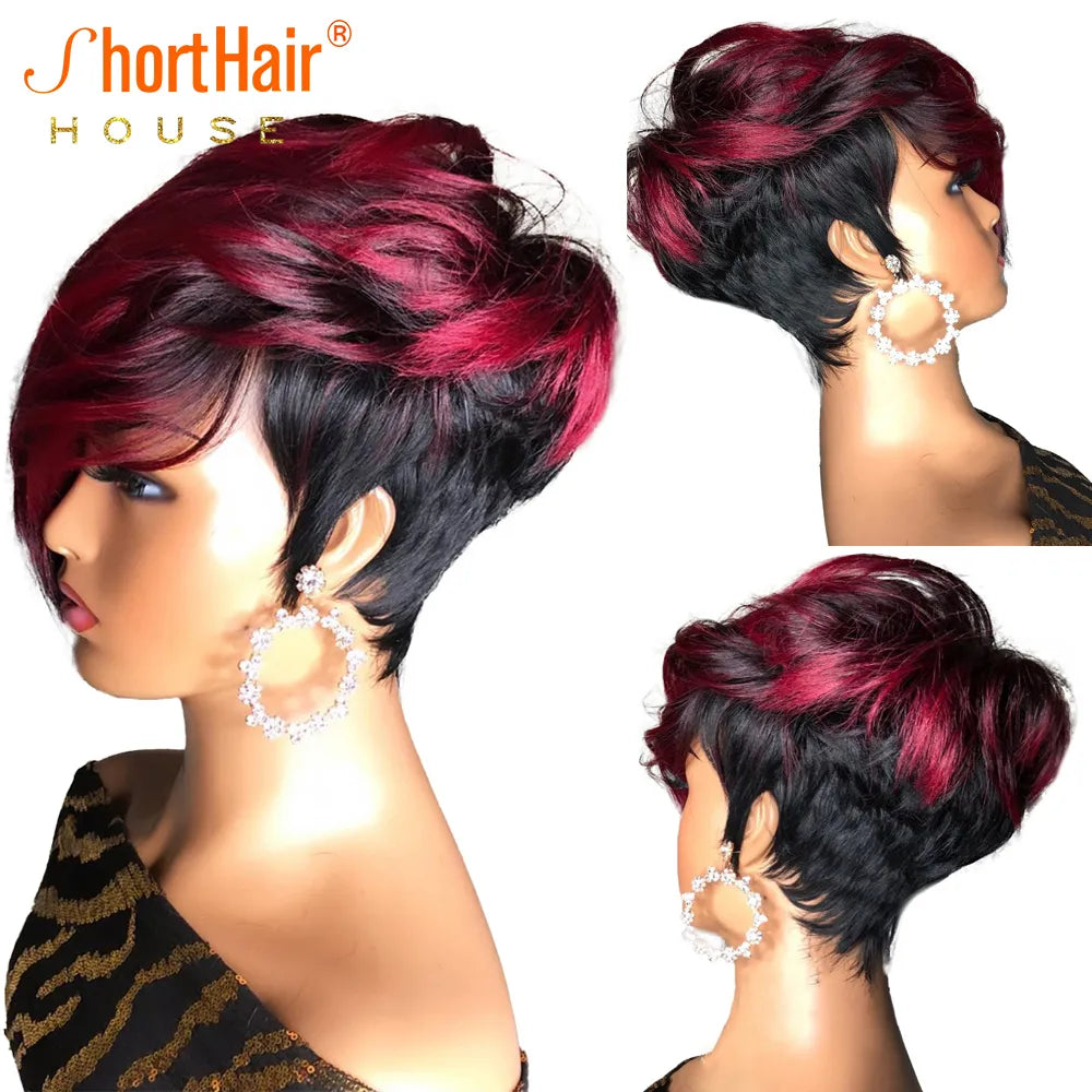 Dark Red Pixie Cut Wig Human Hair Short Bob Wig With Natural Bang Brazilian Wigs For Women Cosplay Full Machine Human Hair Wig