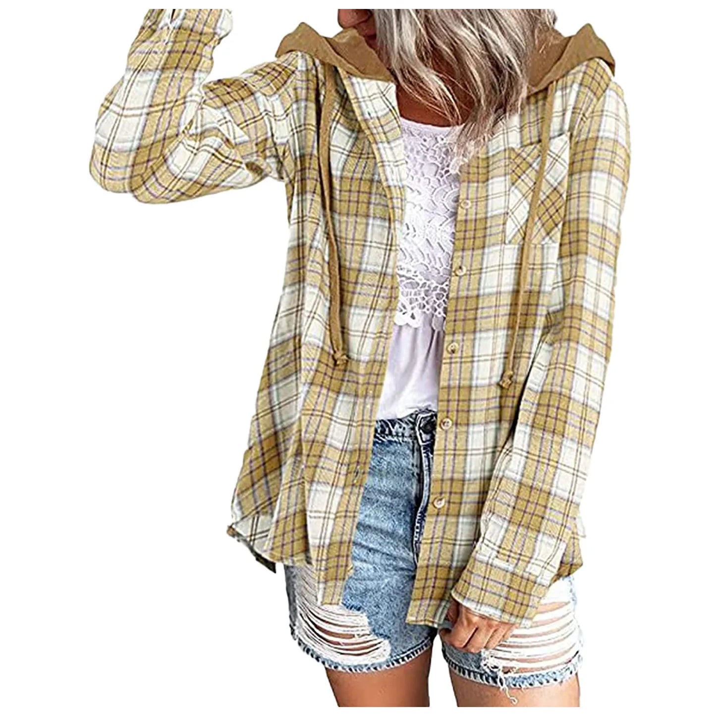 Spring Autumn Women Shirt Fashion Casual Plaid Hooded Shirts Long Sleeve Button Down Blusa Feminina Streetwear рубашка женская