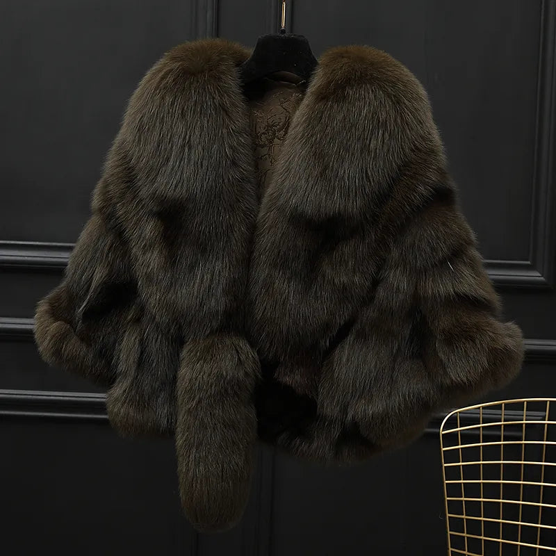 Winter Cloak Warm  Women Cardigan big real Fox Fur Collar Cape Fashion Solid Poncho With medium Fur Sleeves Evening dress shaw