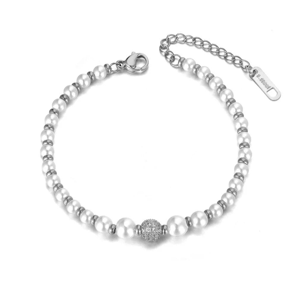 Lokaer Stainless Steel Simulated Pearl Charm Bracelets For Women Girls Bohemia CZ Crystal Chain & Link Bracelet Jewelry B19079