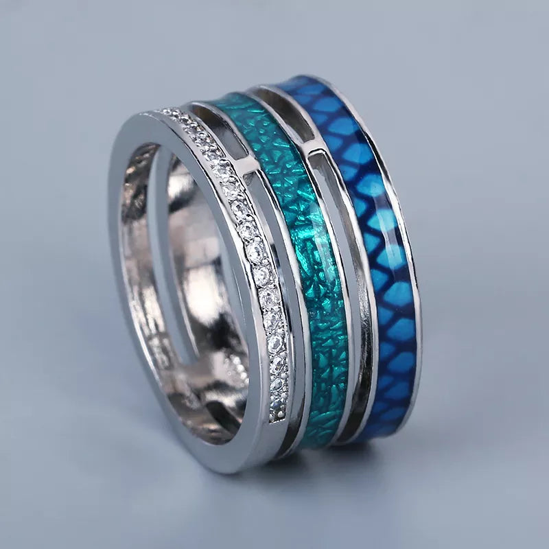 Creative Rings for Women Three-layer Blue Zircon Geometric Ring Handmade Enamel Women's Jewelry Engagement Rings for Women