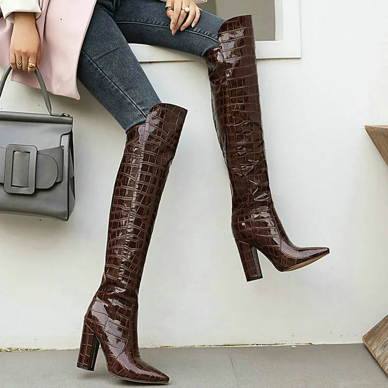 Black Brown Wine Red White Women Over the Knee Boots Patent PU Leather Women Winter Shoes Fashion Pointed Toe Square Heel Shoes
