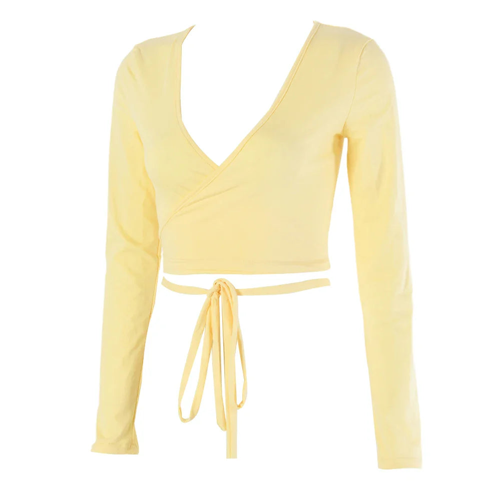 Fashion Women's Wrap Top Sexy Deep V Neck Knot Front Long Sleeve Basic Tee Strappy T shirt Tops Summer Casual Short Clothes